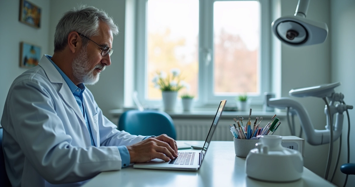 Dentista enviando mensagem personalizada para paciente pelo notebook