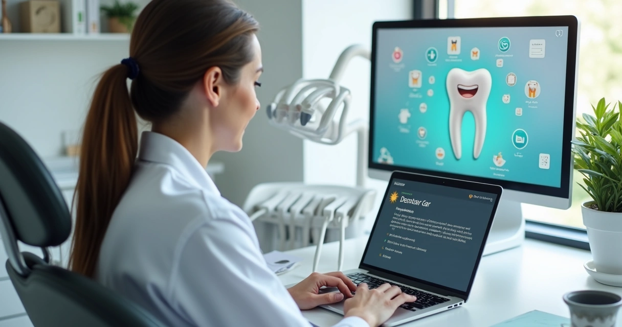 Dentista usando notebook, tela mostra lembrete automático para paciente 