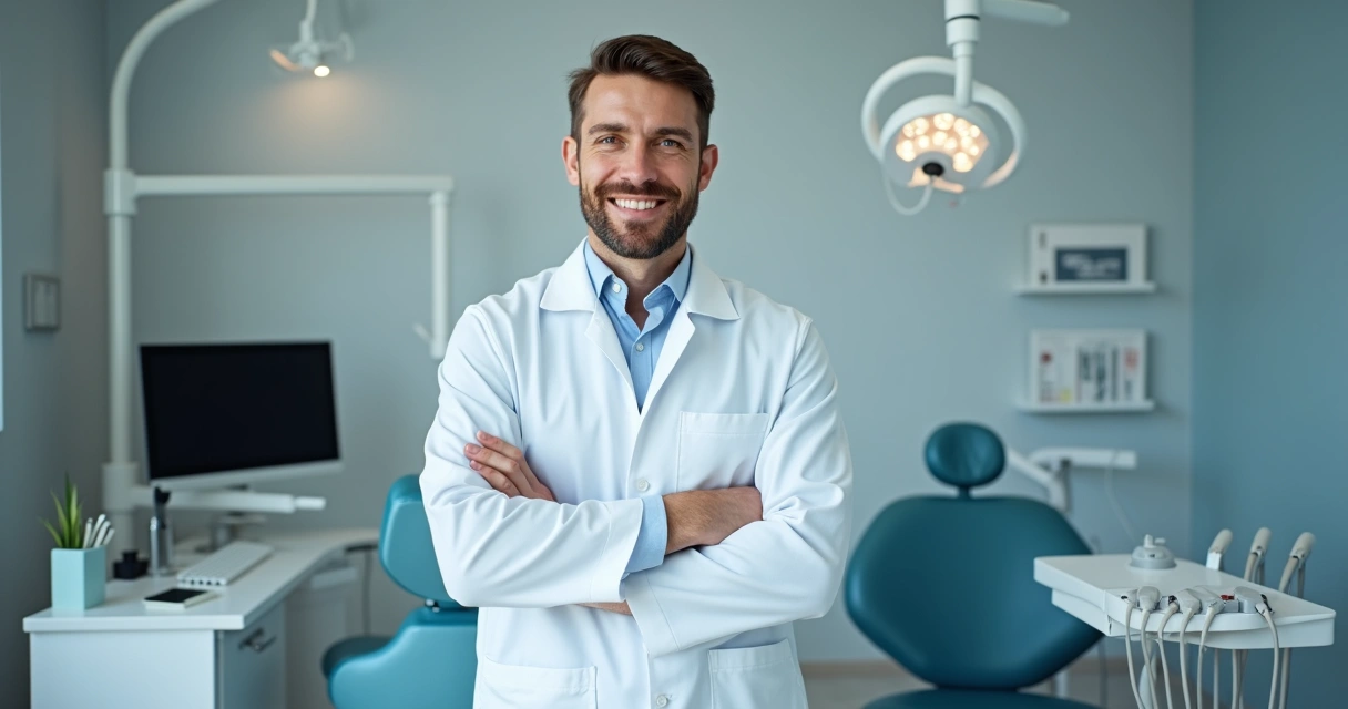 Dentista posando em clínica para foto de Instagram