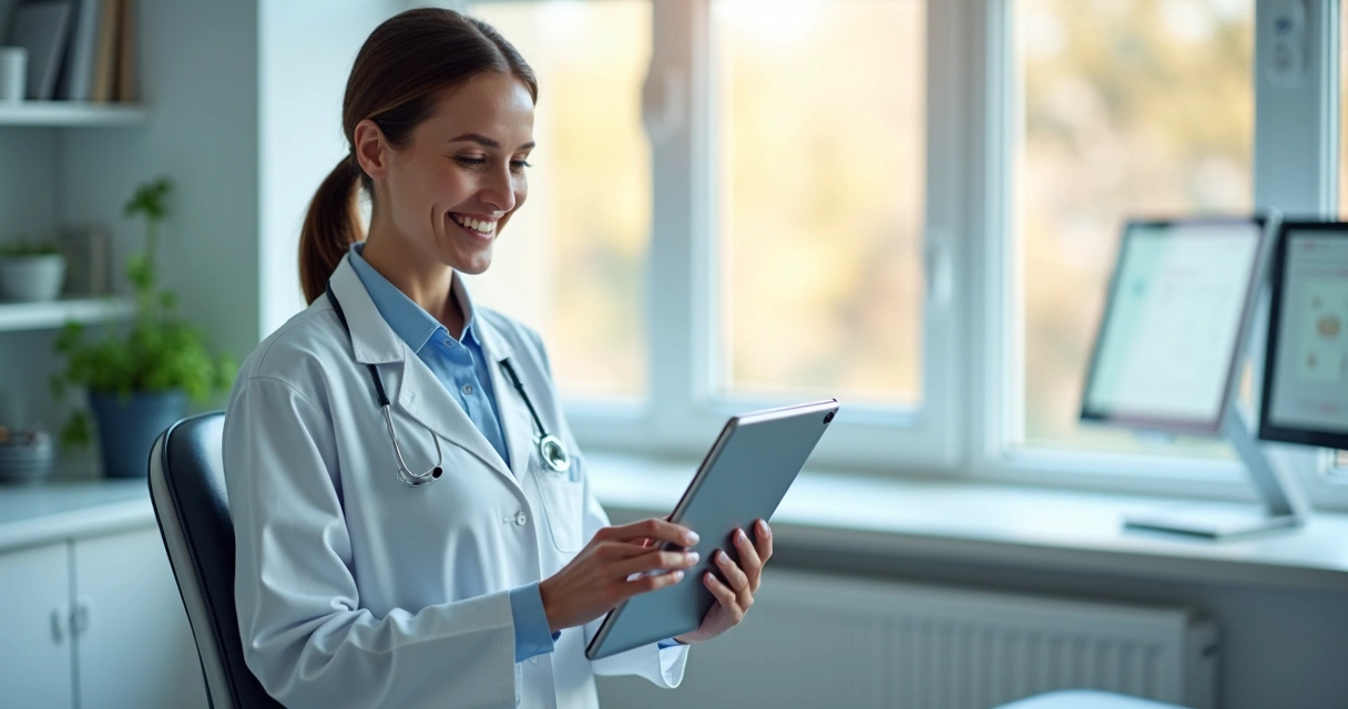 Dentista usando tablet para agendamento digital, consultório iluminado ao fundo