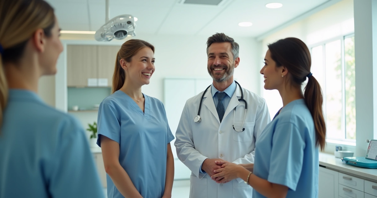 Equipe de dentista sorrindo e recepcionando paciente de forma acolhedora na clínica 