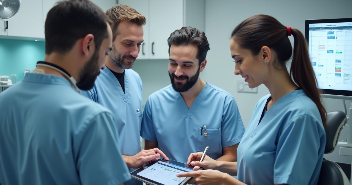 Equipe de dentistas reunida organizando agendas digitais 