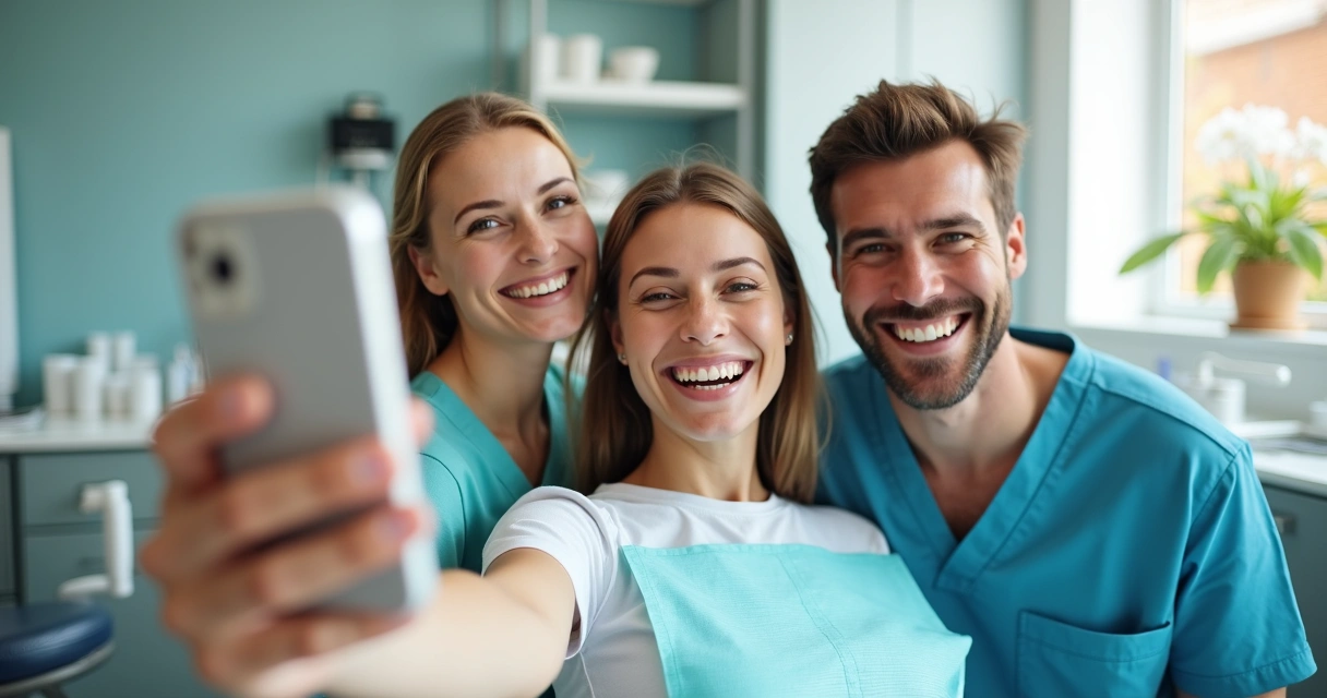 Equipe de dentistas sorrindo gravando vídeo em clínica com smartphone