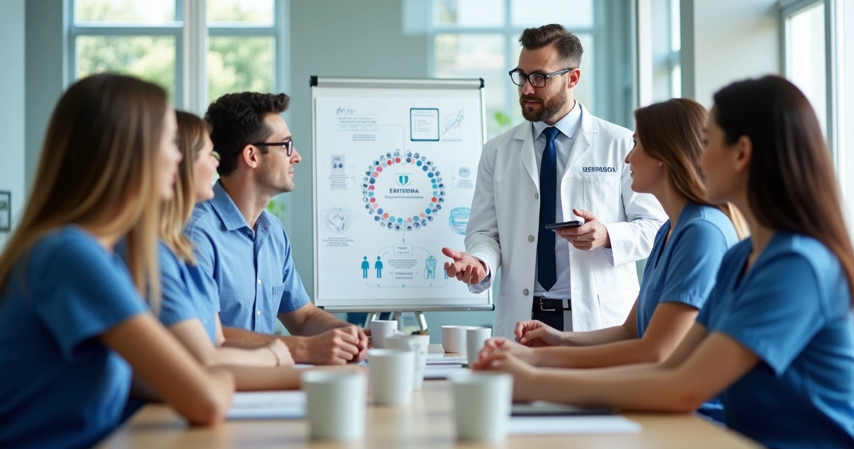 Dentista e equipe em reunião de treinamento em clínica moderna