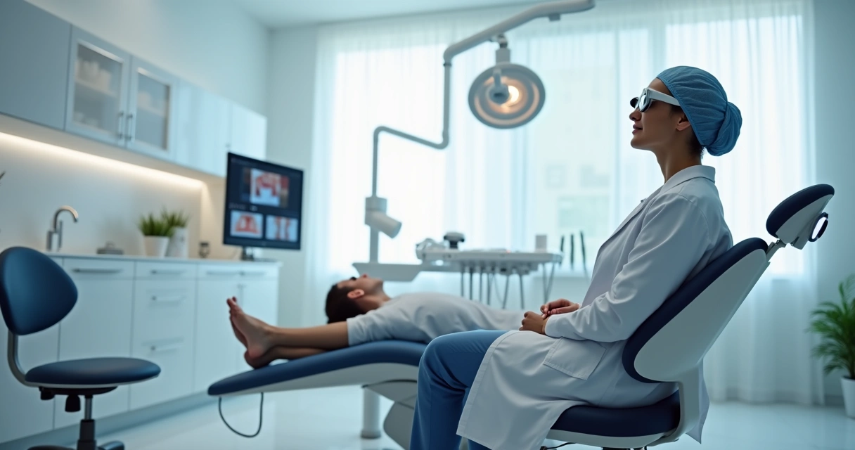 Dentista usando lupas binoculares Zumax com postura ergonômica correta 