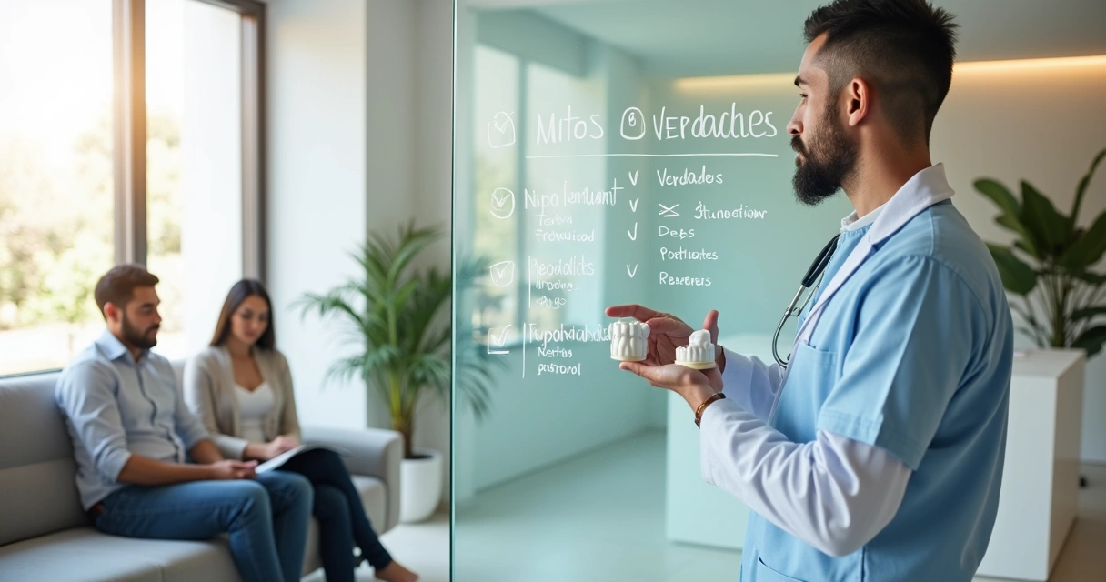 Dentista mostrando mitos e verdades sobre implantes em quadro de vidro 