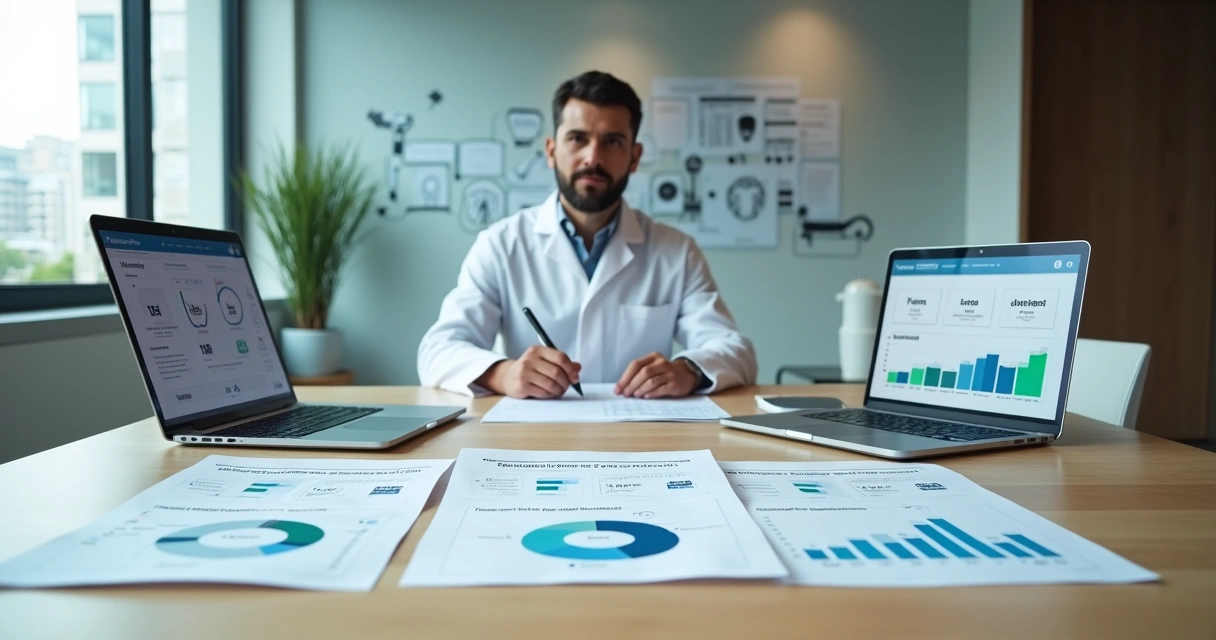 Dentista avaliando propostas de agências de marketing odontológico em mesa de reunião moderna 