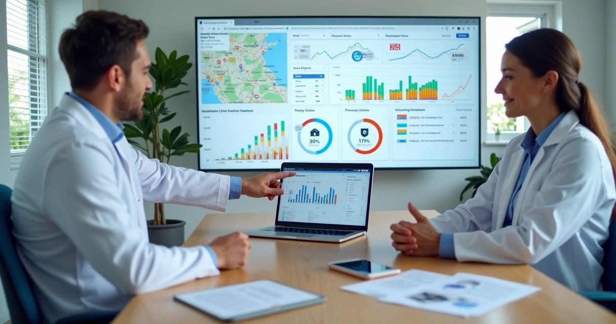 Dentista analisando gráficos de marketing digital com consultor em reunião na clínica 