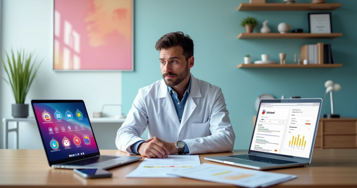 Dentista compara estratégias de redes sociais e Google Ads em mesa dividida em duas partes 