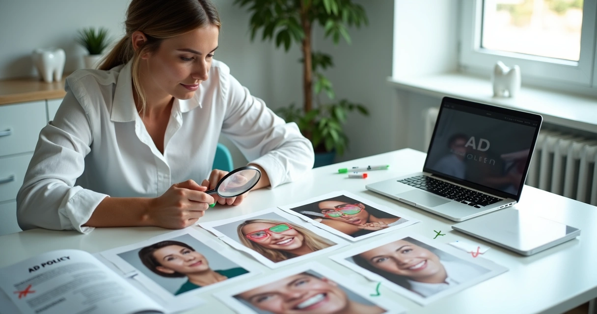 Profissional escolhe imagens odontológicas adequadas em mesa com fotos impressas e checklists 