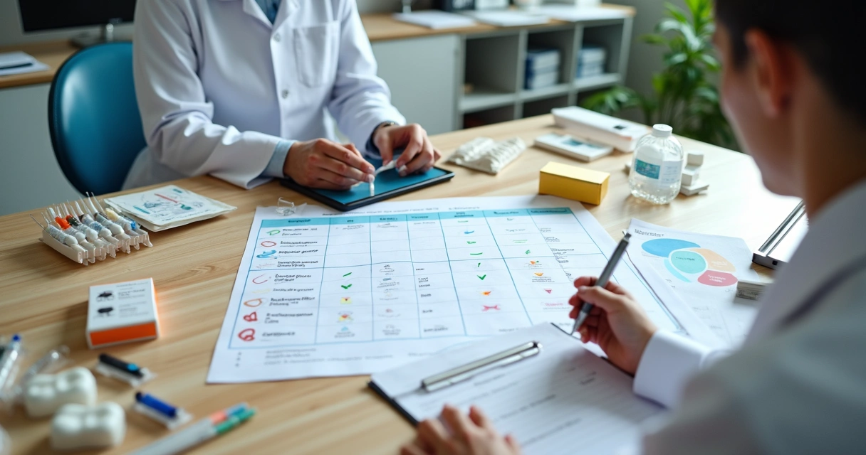 Dentista analisando materiais odontológicos organizados em mesa clara 