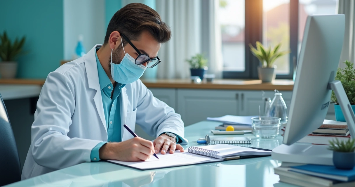 Dentista sentado ao computador escrevendo artigo para blog