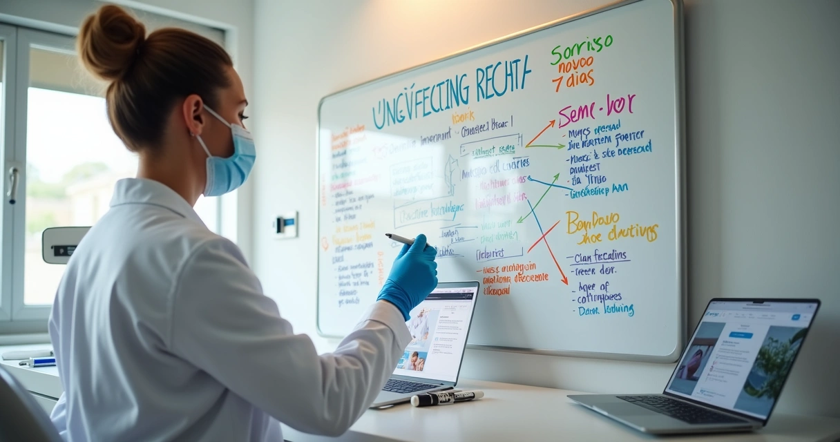 Dentista em consultório moderno escrevendo frases de marketing em quadro branco grande 