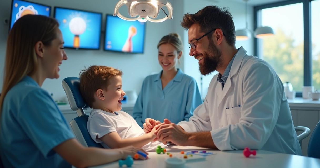 Dentista conversa com paciente autista em consultório moderno