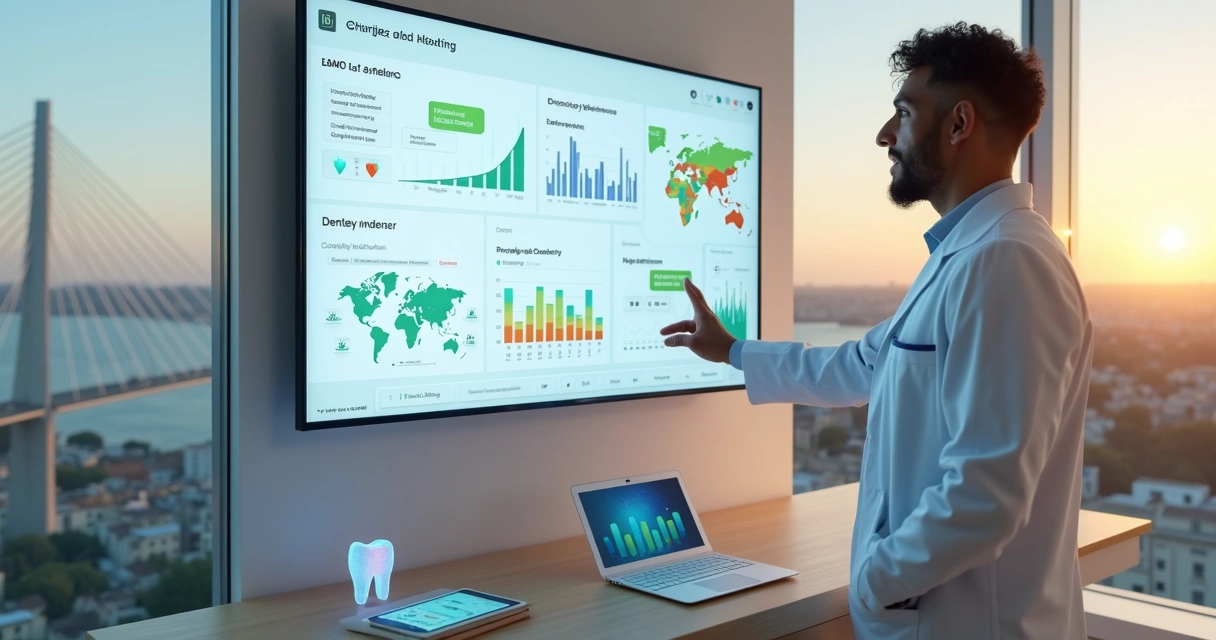 Dentista em Aracaju analisando painel digital de marketing odontológico ao lado de famosa ponte da cidade 