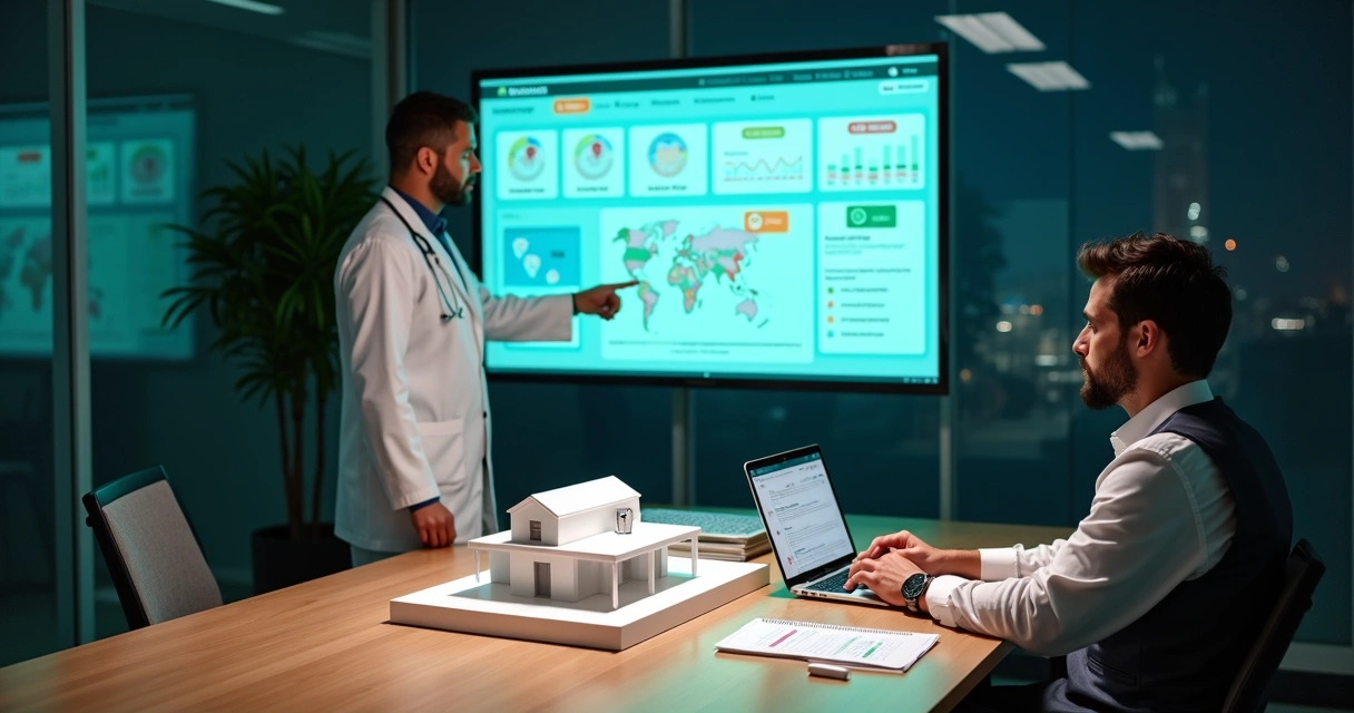 Dentista avaliando painel de marketing digital ao lado de maquete de clínica odontológica 