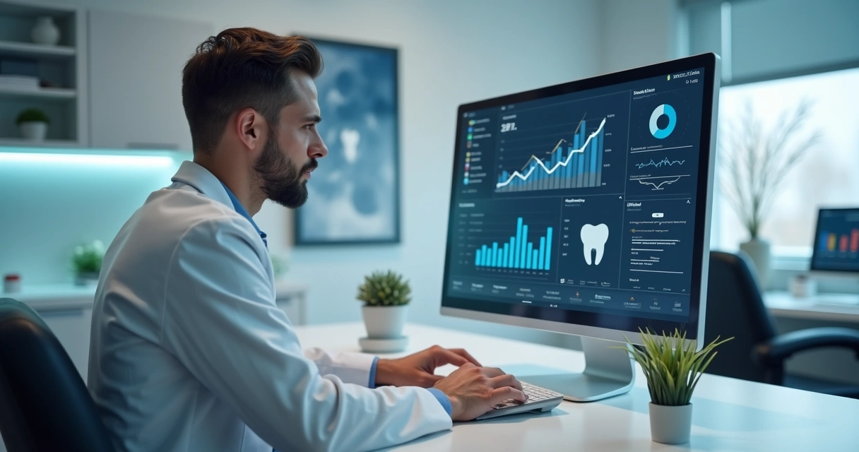Dentista analisando estratégias digitais em computador com gráficos e redes sociais ao fundo