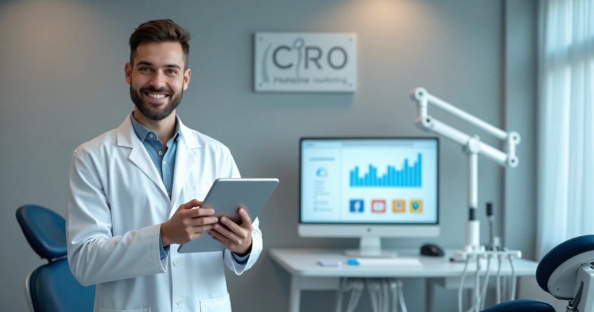 Dentista usando jaleco e placa de CRO, segurando tablet com gráficos de marketing digital ao fundo 