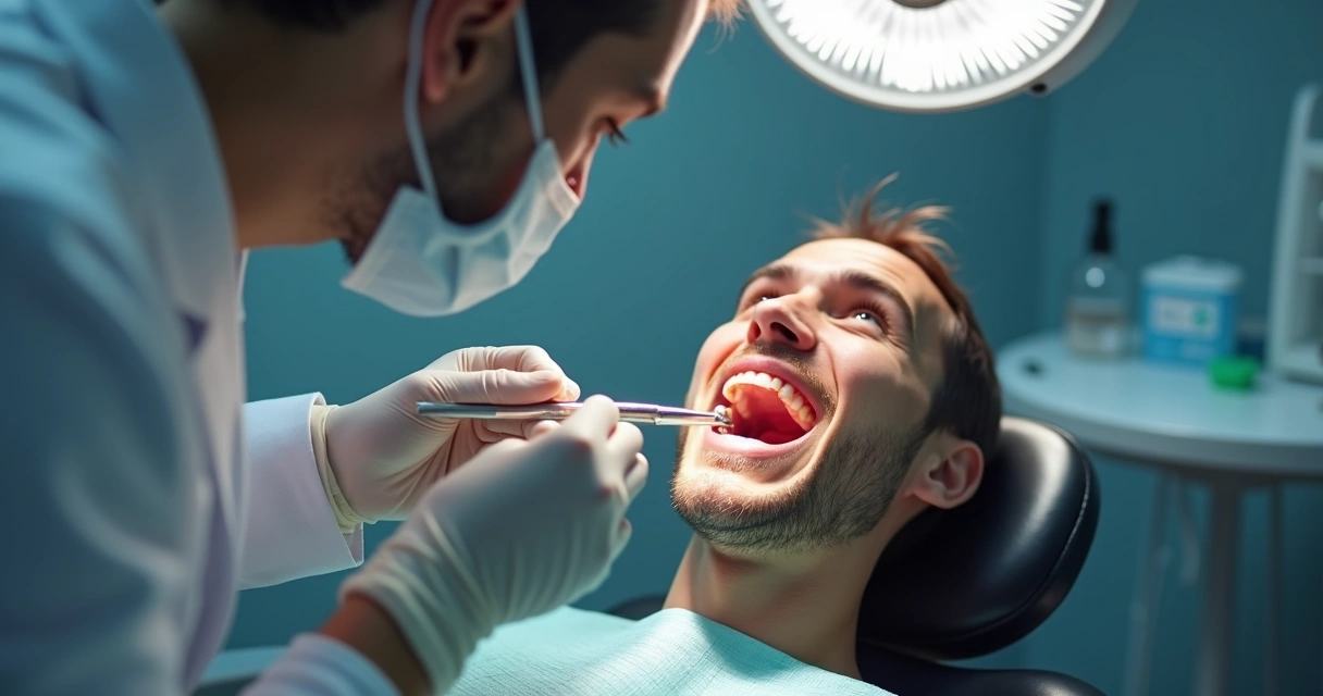 Dentista examinando dentes de adulto durante exame dental 