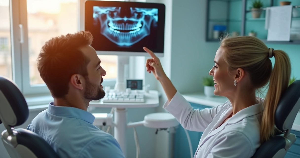 Dentista examinando radiografia junto a paciente em consultório odontológico