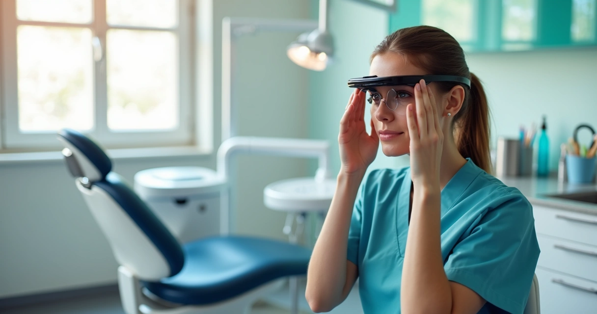 Dentista fazendo alongamento ocular no consultório usando lupa Zumax 