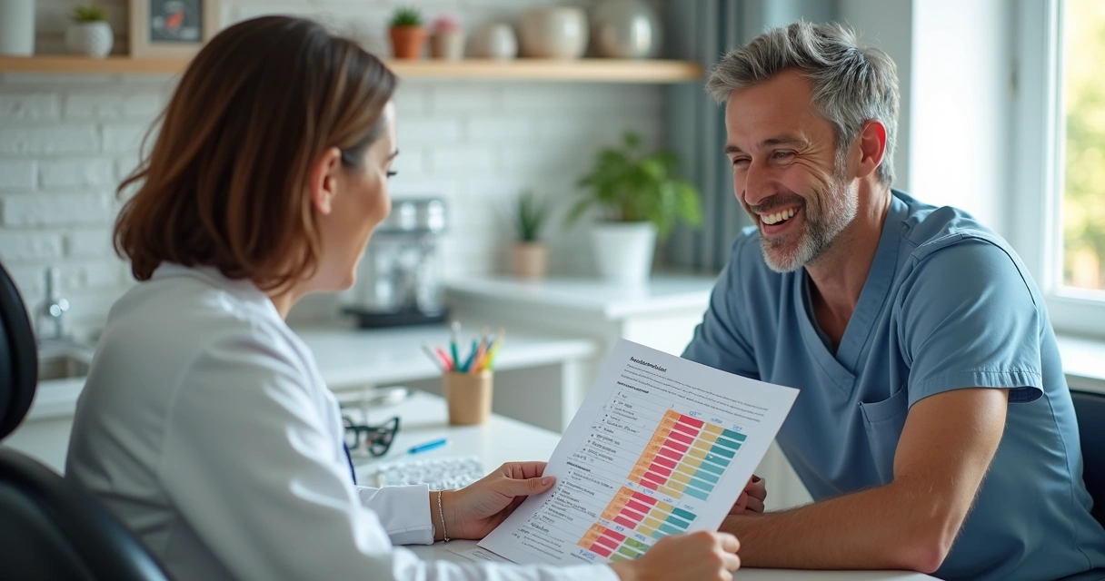 Dentista mostrando para paciente documento cheio de destaques de deduções