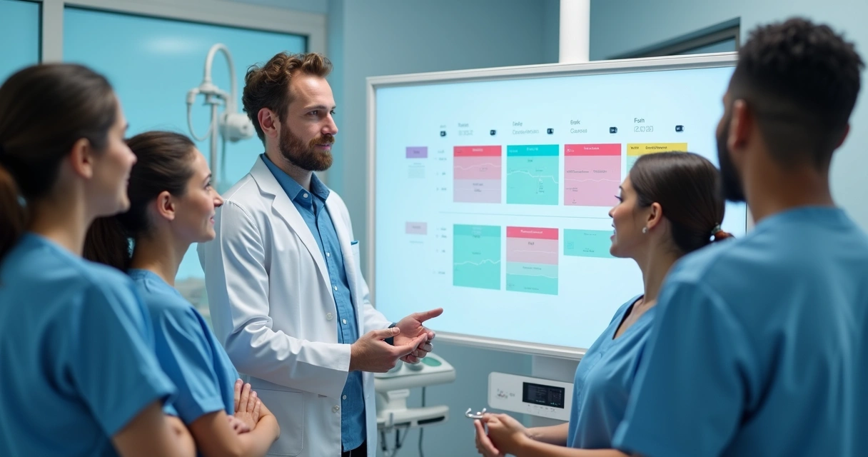 Dentista mostrando agenda digital para equipe de clínica