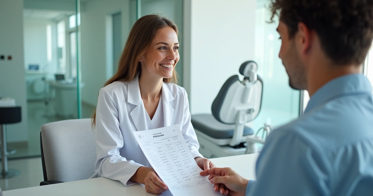 Dentista mostrando opção de pagamento em boleto próprio para paciente em consultório moderno 
