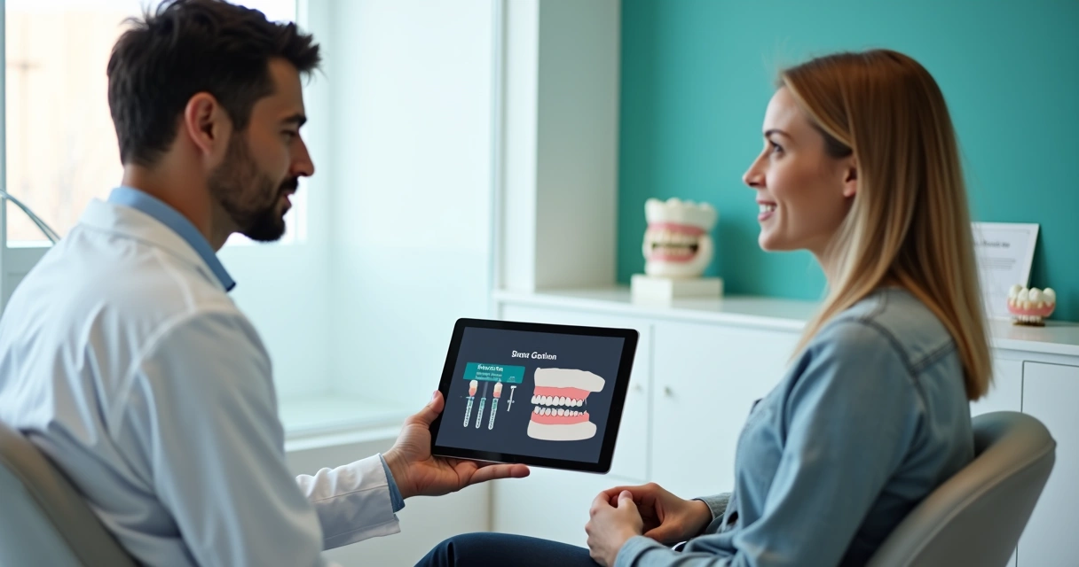 Dentista mostrando em tablet ilustração de prótese protocolo de carga imediata para paciente jovem em consultório moderno 