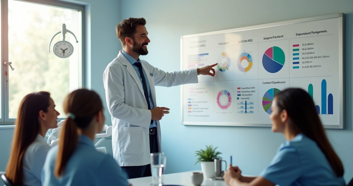 Dentista explicando gráficos de margem de lucro em uma lousa