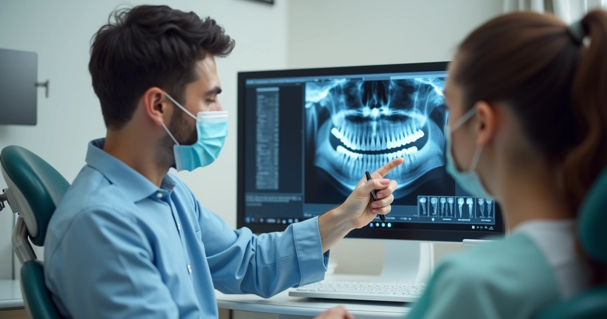 Dentista aponta radiografia de boca para paciente