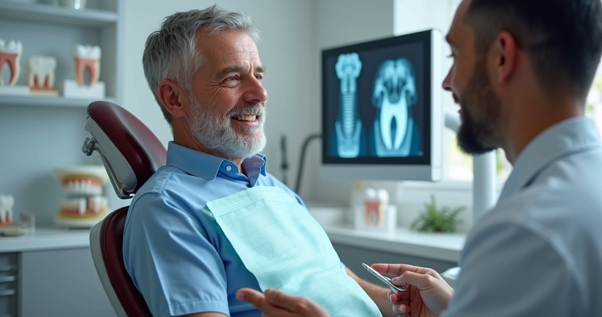 Dentista explicando tratamento de implante dental a paciente confiante 