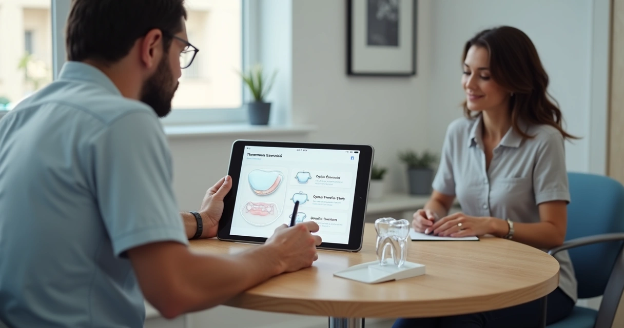 Dentista mostrando orçamento odontológico em tablet para paciente sentado 