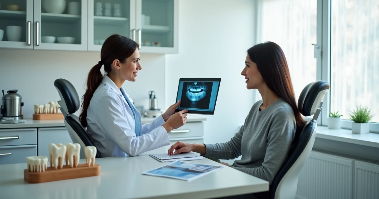 Dentista mostra raio-x para paciente em consultório 