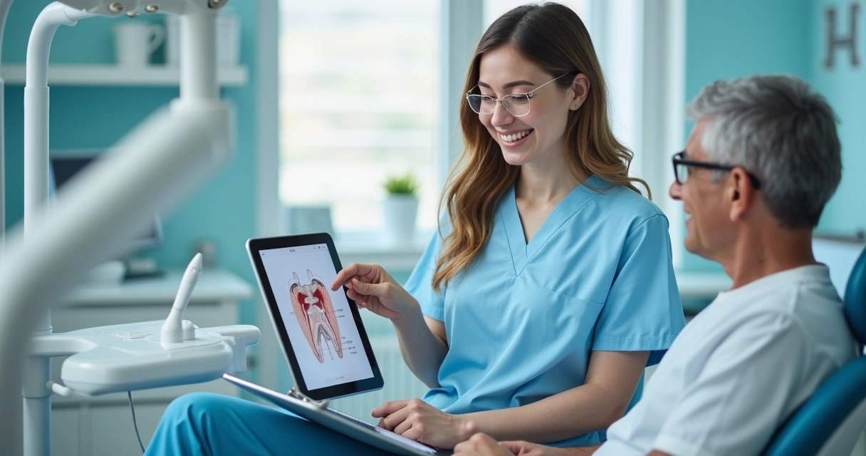 Dentista conversa com paciente em consultório com tablet entre ambos.