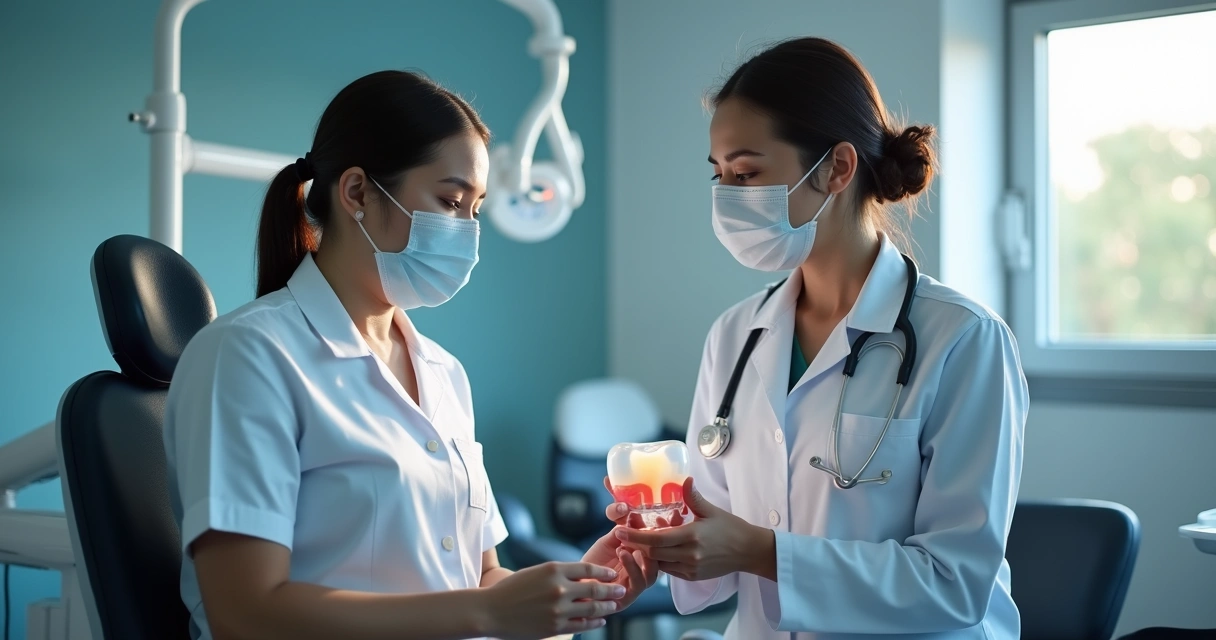 Dentista explicando etapas do implante dentário para paciente em consultório moderno 