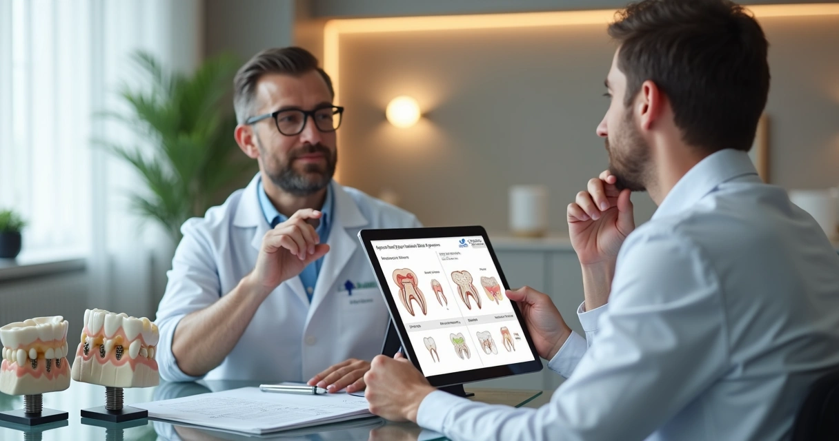 Dentista mostrando opções de prótese sobre implante em tablets para paciente em consultório moderno 
