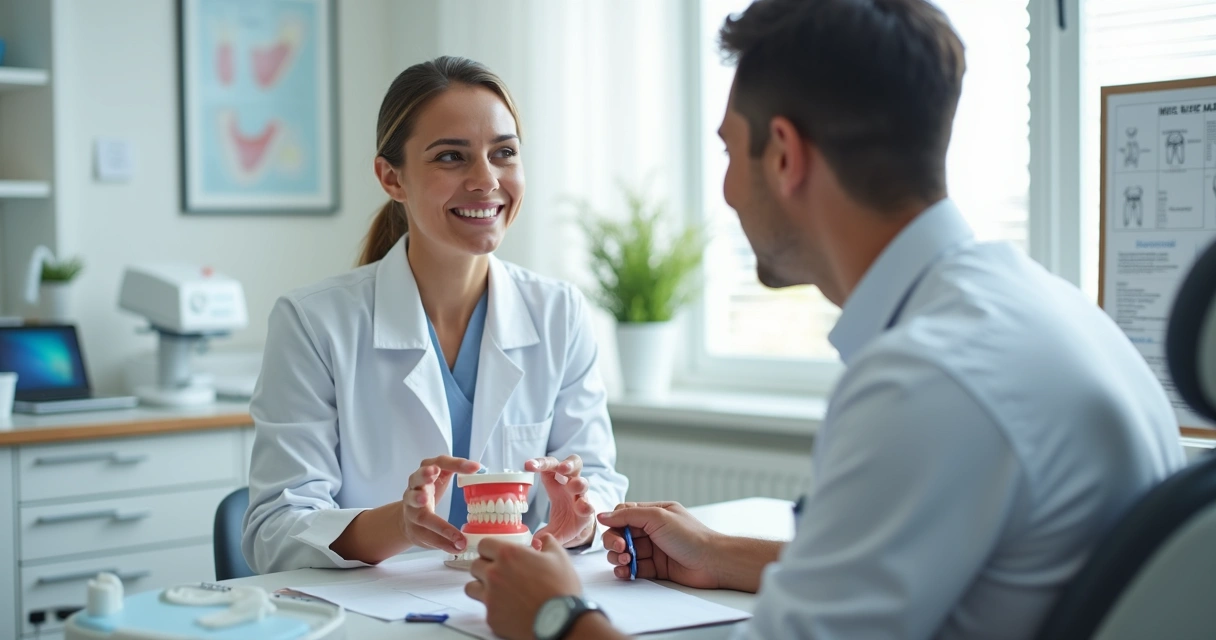 Dentista explicando opções de prótese dentária para paciente em consultório moderno 