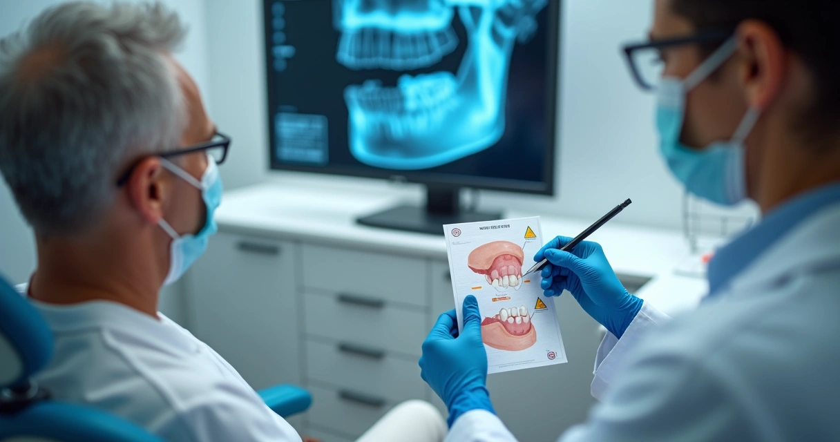 Dentista mostrando sinais de desgaste em prótese flexível para paciente em consulta 