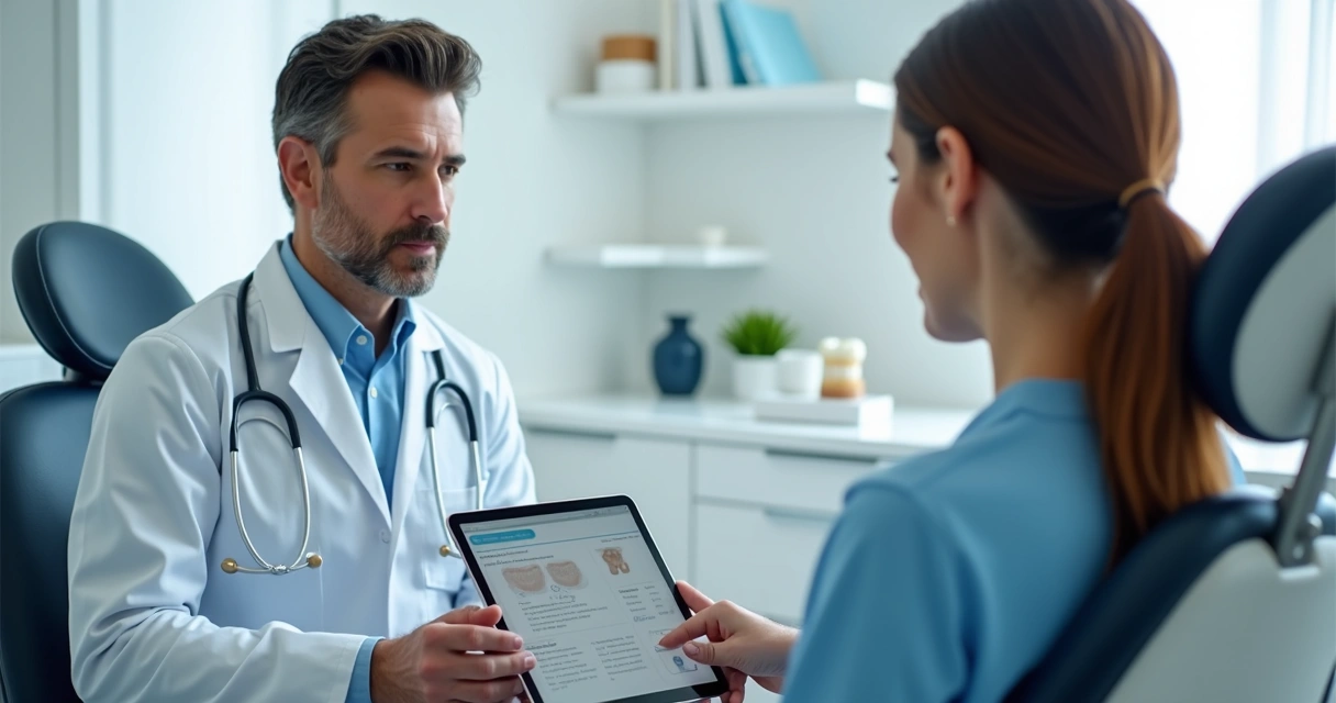 Dentista mostrando plano de tratamento em tablet para paciente no consultório 