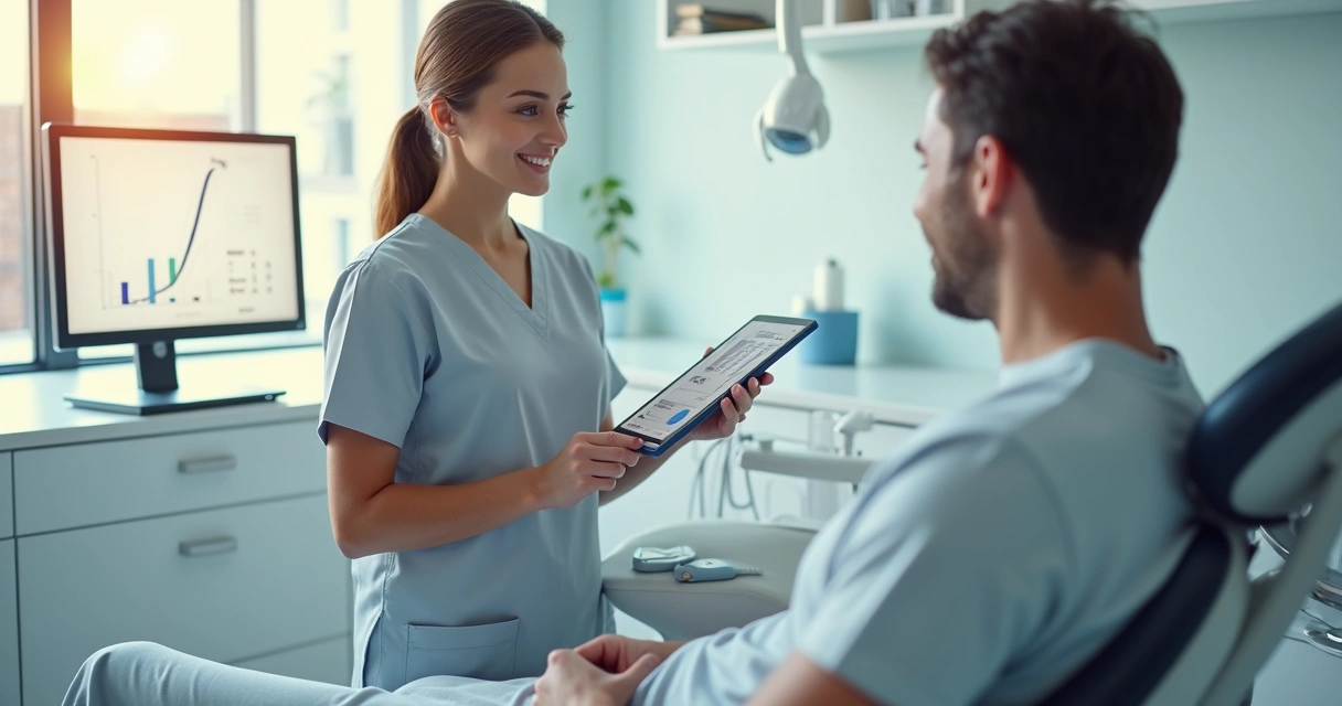 Dentista mostra plano de tratamento e valores em tablet para paciente na cadeira odontológica 