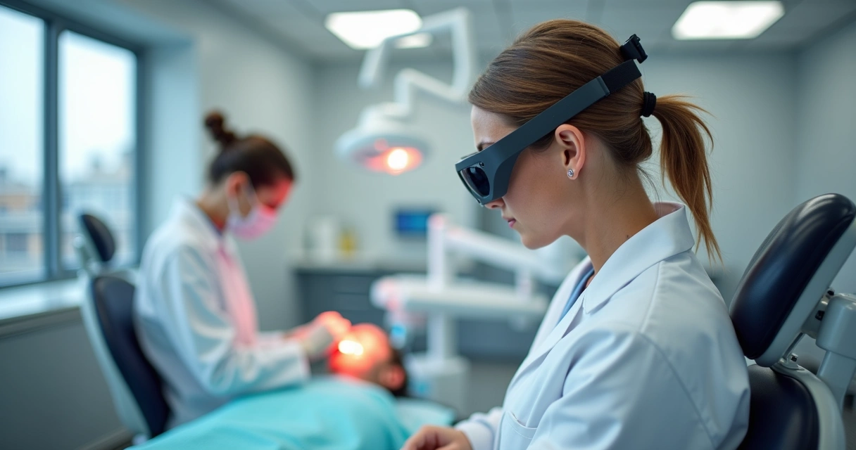 Dentista com dor cervical ajustando postura com lupas Zumax em consultório 