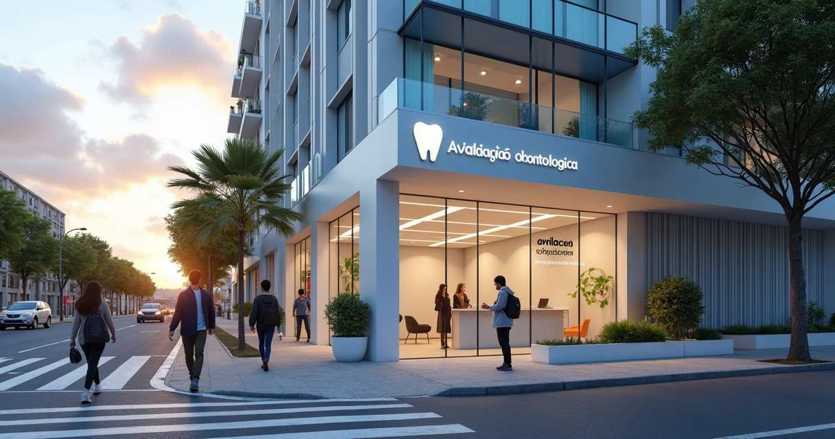 Fachada de clínica odontológica moderna em frente a prédio público na Fazendinha 