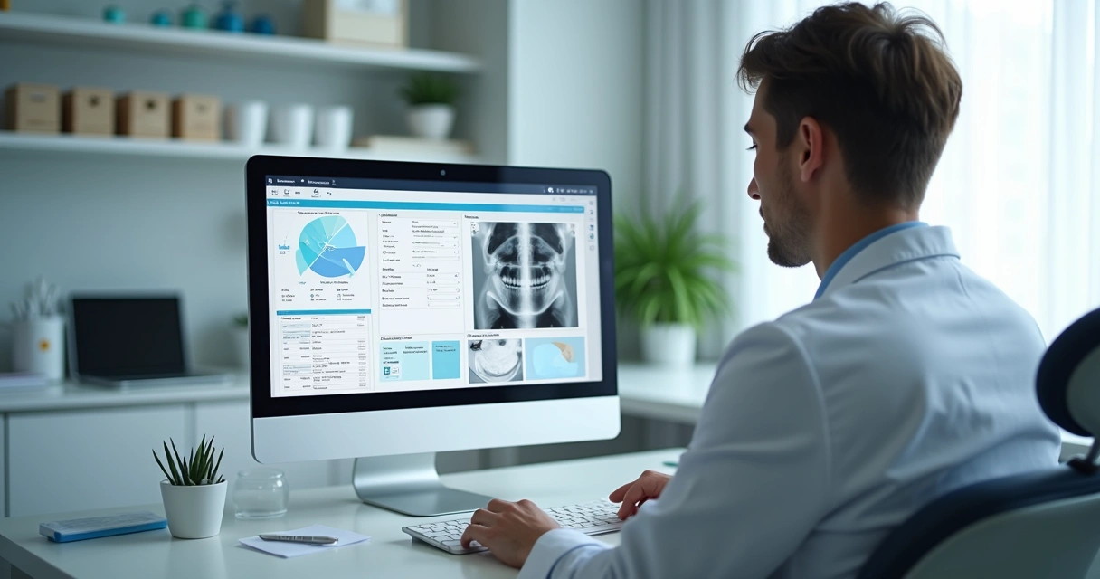 Dentista preenche prontuário eletrônico no computador 