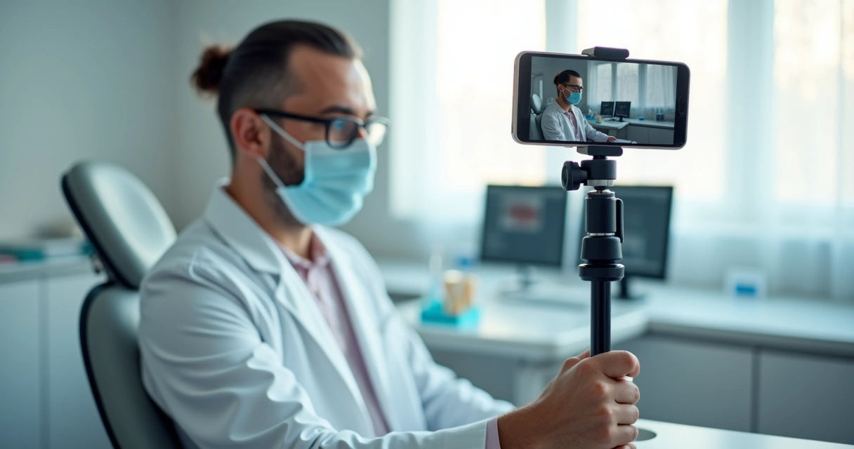 Dentista gravando vídeo educativo sobre saúde bucal 