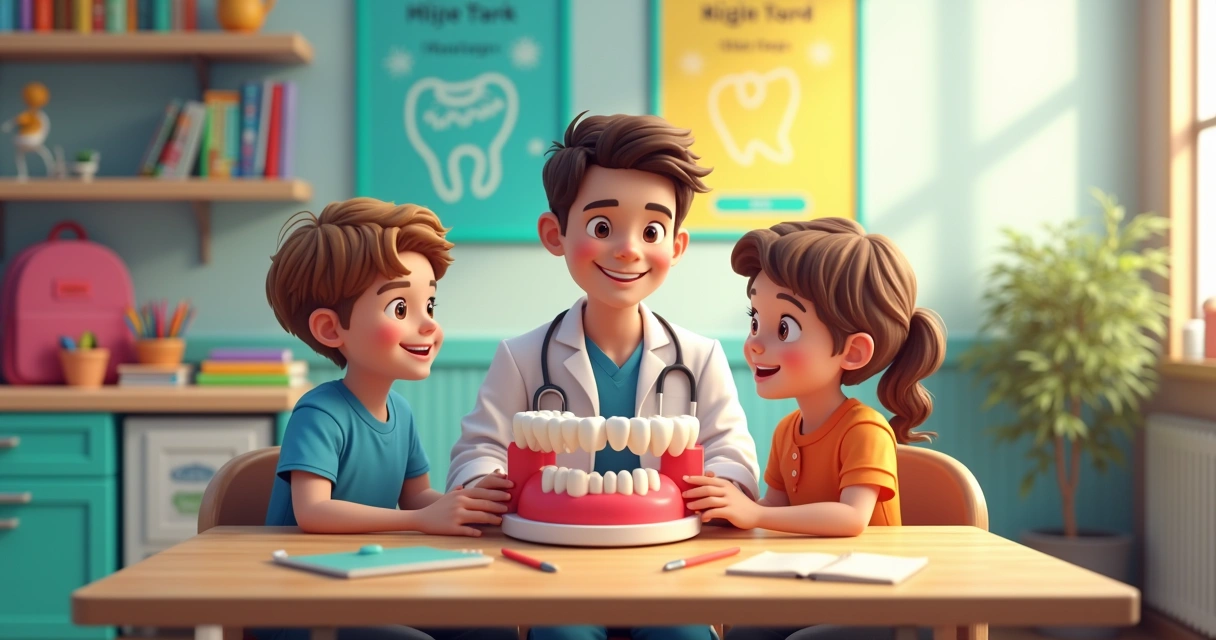 Dentista feliz interagindo com crianças em consultório colorido com decoração escolar 