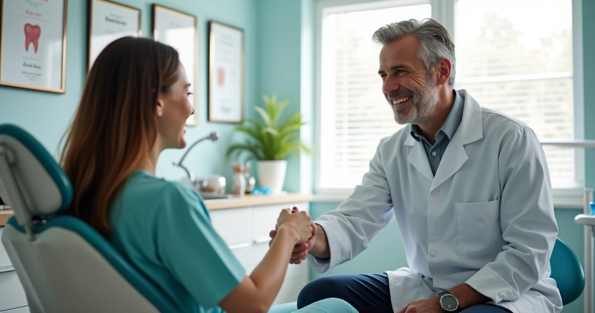 Dentista cumprimenta paciente sorridente no consultório após atendimento.