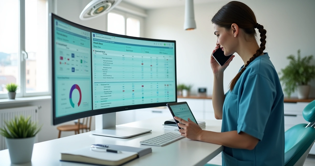 Dentista em consultório moderno usando telefone e computador com tela de CRM aberto 