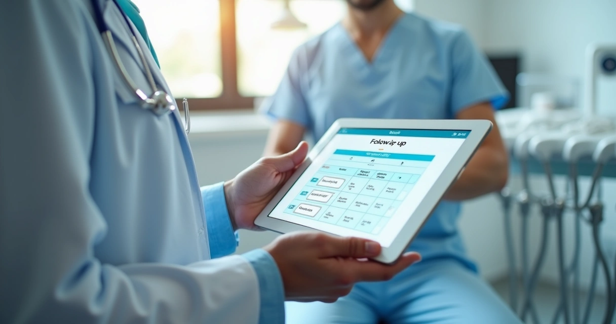 Dentista segurando tablet com lista de pacientes e lembretes de acompanhamento