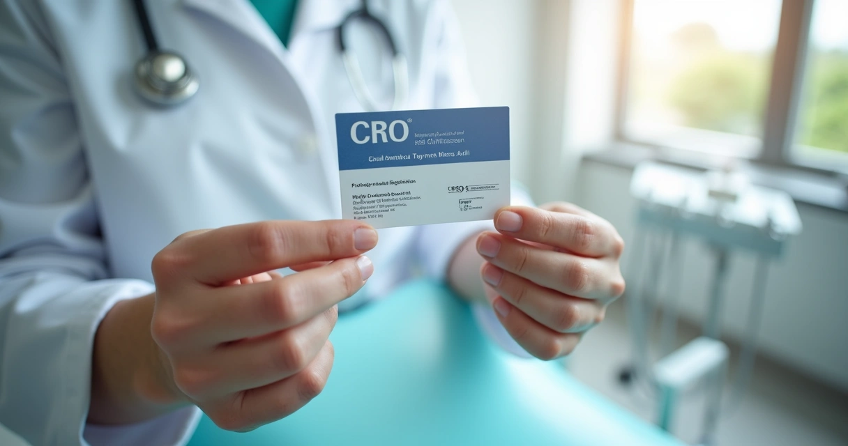Mãos de dentista segurando carteira de registro profissional do CRO. 